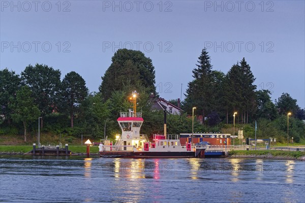 The Pillau canal ferry late in the evening at the Sehestedt-Süd ferry terminal on the Kiel Canal.