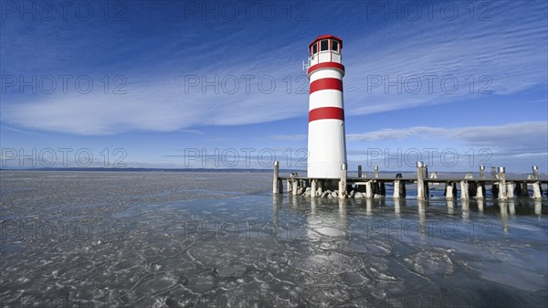 Frozen lake, ice, lighthouse, Podersdorf am See, Lake Neusiedl, Burgenland, Austria, Europe