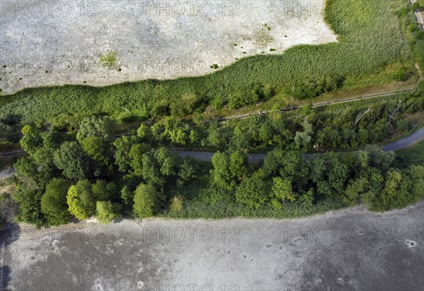 Aerial view of dried up fish ponds in Reckahn in Brandenburg. The Plane, a river that normally