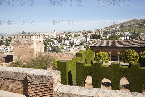 View over the Alhambra to Moorish houses in the Albaicin district of Granada, Spain, Europe