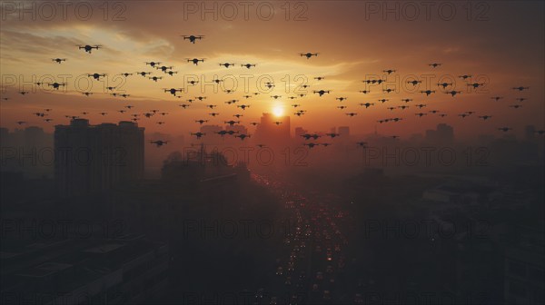 Swarm of UAV unmanned aircraft drones flying near the United States capitol at sunset, AI generated
