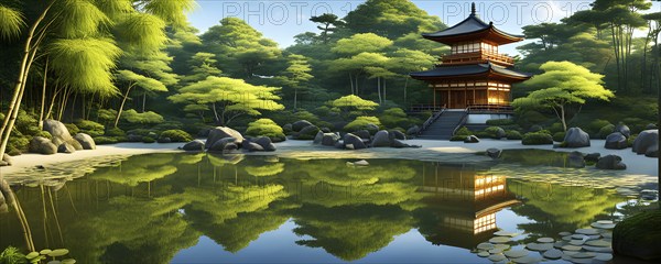 Zen garden bathed in the soft glow of dawn as a serene symbol for relaxation, AI generated