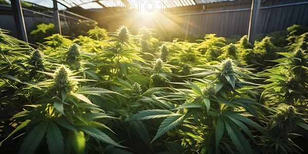 Cannabis plant with vibrant green leaves bathed in soft natural light, AI generated