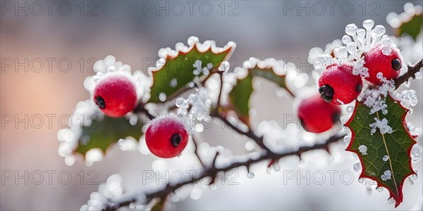 Frosty holly branch with vibrant red berries covered in delicate ice crystals, symbol for upcoming
