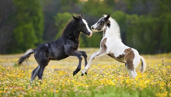 AI generated, Two young colourful foals playing on a flower meadow, Studio, AI generated
