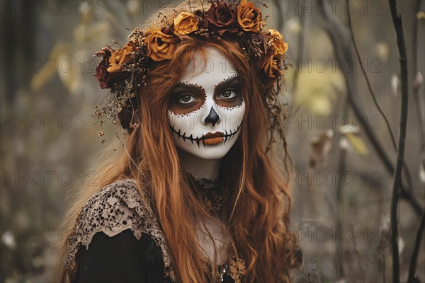 Beautiful woman with long red hair and Halloween Dia de los Muertos costume face paint in autumn