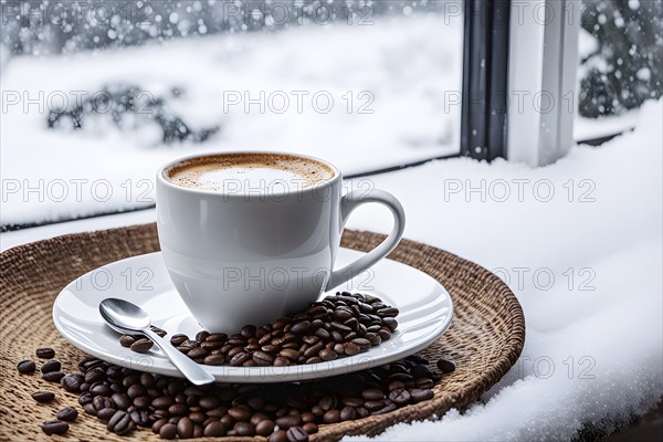 Coffee cup on a plate by a snow covered window creating a cozy winter feeling, AI generated
