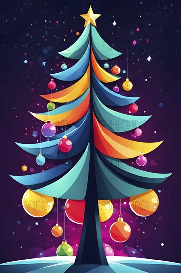 Abstract Christmas tree illustration with vibrant colors and geometric shapes, AI generated
