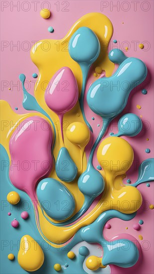 Abstract image with colorful yellow and turquoise blobs and liquid shapes on a pink background, AI