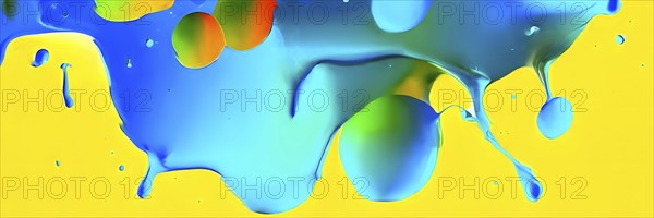 Abstract image with vibrant blue and red blobs and liquid shapes on a yellow background, AI