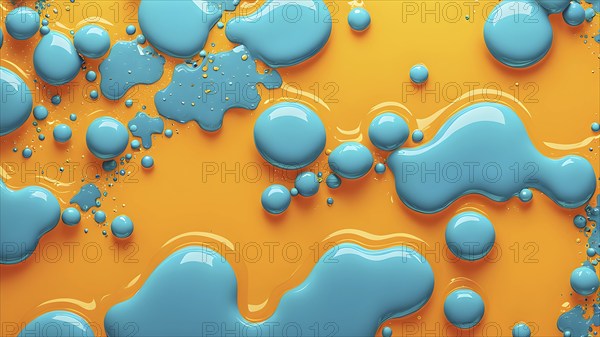 Abstract wallpaper with colorful turquoise and yellow blobs and liquid shapes on a orange