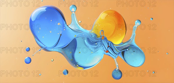 Abstract wallpaper with colorful turquoise and yellow blobs and liquid shapes on a orange