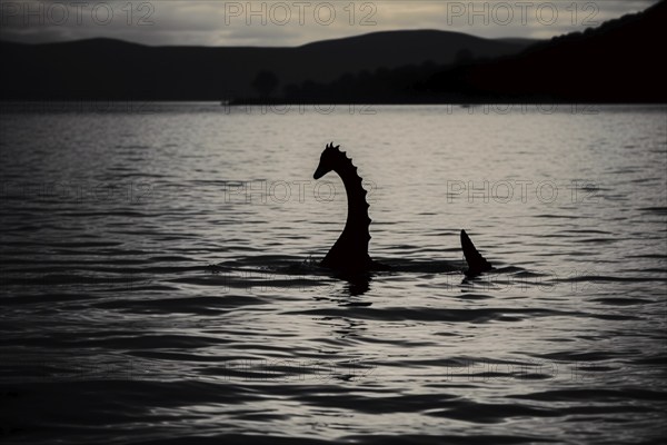 Silhouette of Loch Ness Monster swimming in lake. KI generiert, generiert AI generated