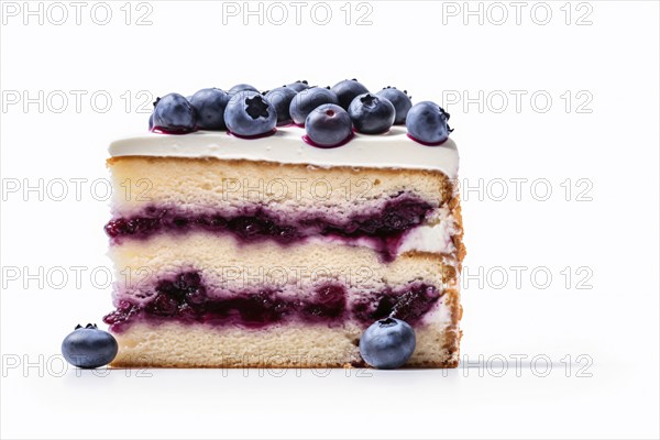 Slice of layered blueberry cake on white background. KI generiert, generiert AI generated