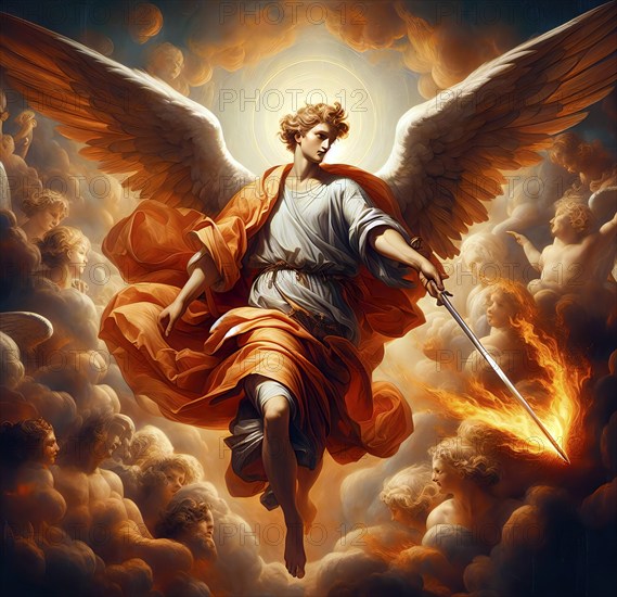 An archangel with a flaming sword, symbolic image religion, Christianity, angel, faith, AI