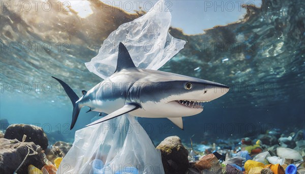 Symbolism, waste problem, plastic waste drifts in the sea and endangers animals, AI-generated,