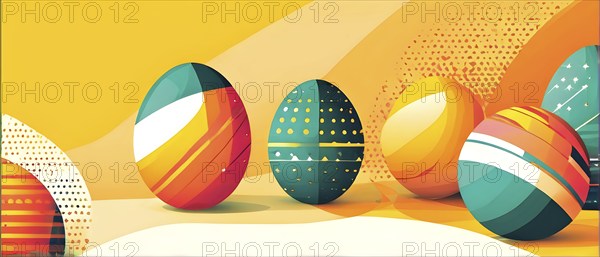 Abstract Easter egg design with geometric patterns, bold colors, and a mix of textures, creating a