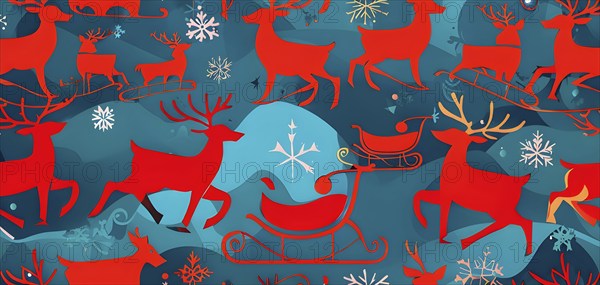 Whimsical abstract scene with stylized reindeer and sleighs to capture the magic of Christmas, AI