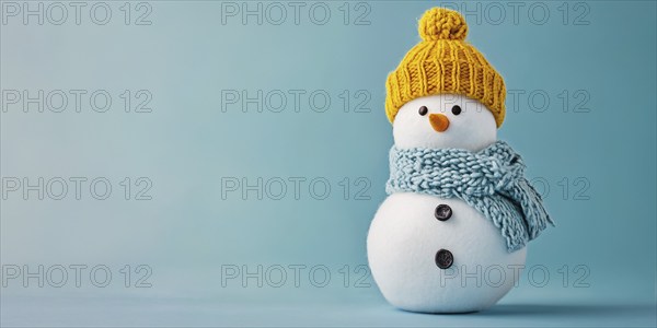 Cute snowman with knitted hatand scarf on blue background with copy space. Generative AI, AI