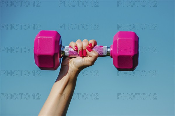 Woman's hand with pink nail polish holding pink dumbbell free weight in front of blue sky.