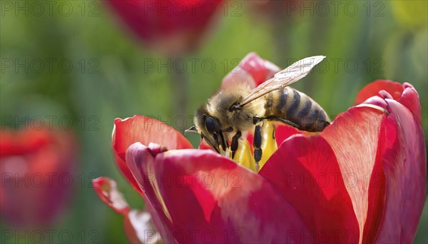 Symbol, animal, insect, close-up of a honeybee in a flower, AI, generated, AI generated