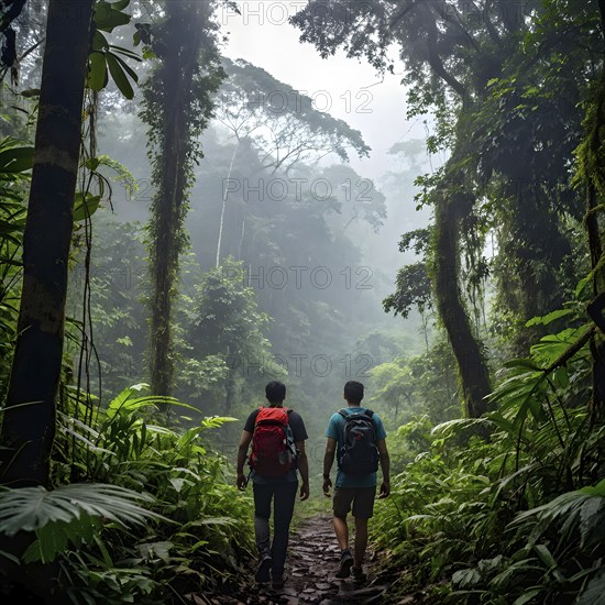 Adventurous couple hiking through dense amazon rainforest, AI generated