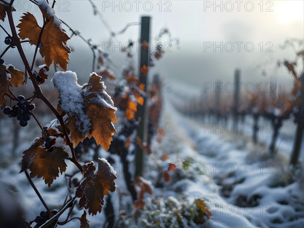 AI generated close up of winter in the vineyard with snow blankets dormant vines and ambient light