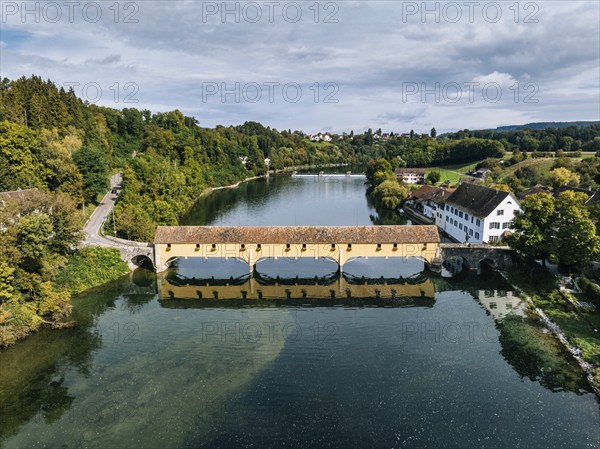 Aerial view of the covered Rhine bridge connecting the Swiss municipality of Rheinau and the German