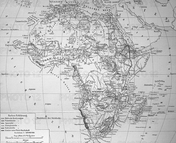Map of Africa in 1884, Historical, digitally restored reproduction from a 19th century original, c.