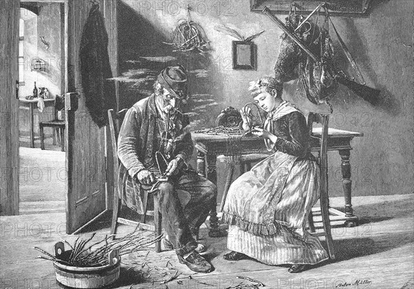 Hunter's home, the old hunter is at home and carves willow rods, at the table his daughter who