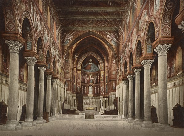 Interior view of the cathedral of Monreale, Palermo. Sicily, Italy, 1890, Historical, digitally