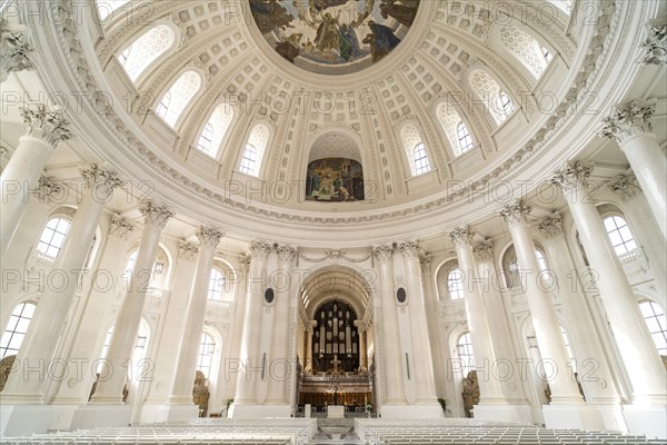 Interior with dome and organ in St. Blasius Cathedral in St. Blasien, Black Forest,