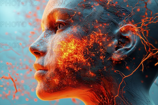 Conceptual symbolism of artificial Intelligence represented by a humanoid woman face with neuronal