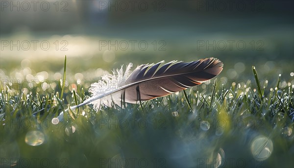 A lone feather resting gently on a dew-covered grassy field, with soft morning light illuminating