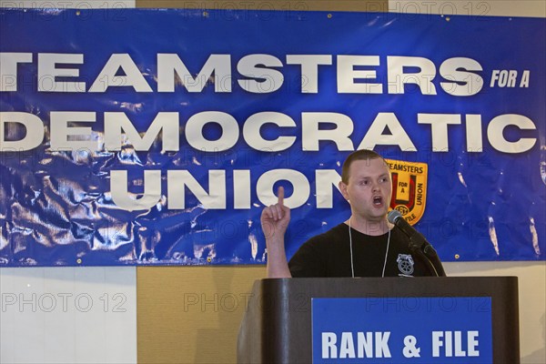Chicago, Illinois, Amazon worker Zach Neely speaks at the convention of Teamsters for a Democratic