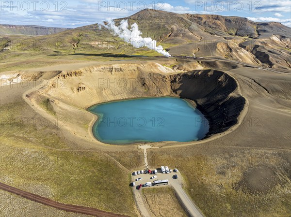 Aerial view of blue lake in the Viti volcano crater, at Krafla power plant, Myvatn region, Iceland,