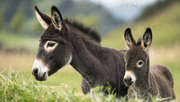 Two donkeys, mother and foal, stand in a green meadow and eat grass