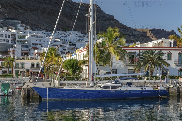 Yacht at the harbour, Puerto de Mogan, Gran Canaria, Canary Islands, Spain, Puerto de Mogan, Gran