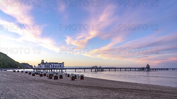 The pier of Sellin, evening mood, sunset, 394 metres long, with restaurant, jetty, beach chairs,