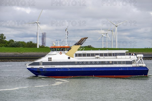Wind farm, Westernschelde Ferry, Princess Maxima, in the harbour of Vlissingen, Zeeland,