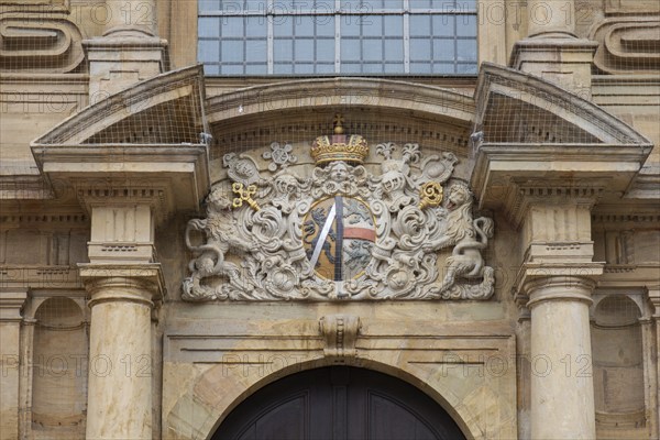 Coat of arms above the entrance portal of St Martin's Church, Bamberg, Upper Franconia, Bavaria,