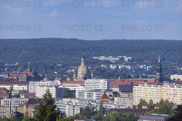 Cityscape Dresden with buildings and famous sights Church of Our Lady and Kreuzkirche with view to