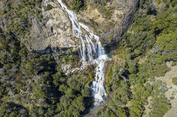 Aerial view of waterfall Cascada El Maqui near Puerto Guadal, Patagonia, Chile, South America