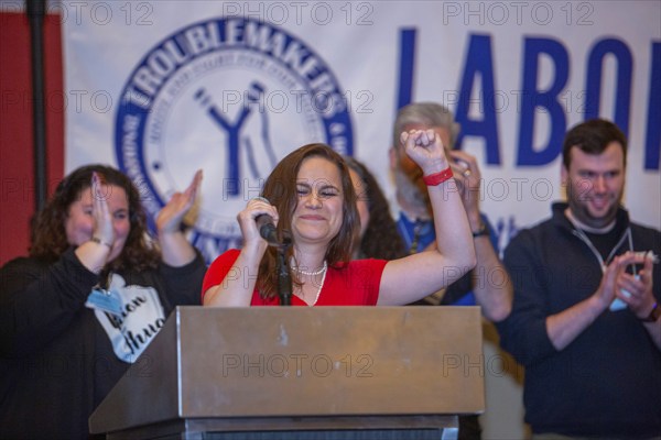 Chicago, Illinois, Members of the Massachusetts Teachers Association celebrate the Troublemaker