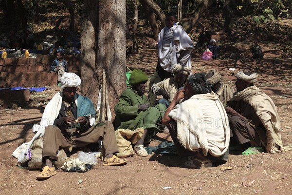 Lalibela, pilgrims in front of the area of the rock-hewn churches, Ethiopia, Africa