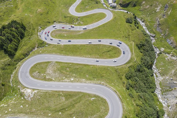Drone shot, curves of Julier mountain pass, Switzerland, Europe