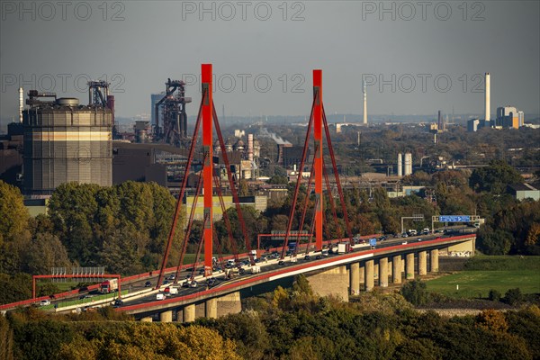 A42 motorway bridge over the Rhine at Duisburg Beeckerwerth, Thyssenkrupp Steel steelworks, blast