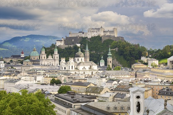 View of Salzburg with Hohensalzburg Fortress in the background and the historic city centre in the
