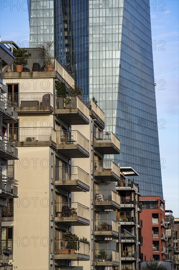 Building of the European Central Bank, ECB, on the Main in Frankfurt, residential buildings on the