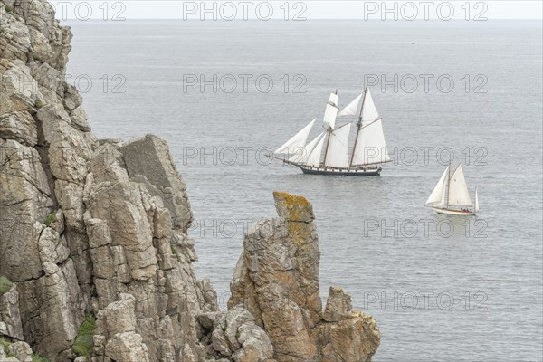 Large old traditional sailing boat in a bay on the Atlantic. Camaret sur mer, Crozon, Finistere,